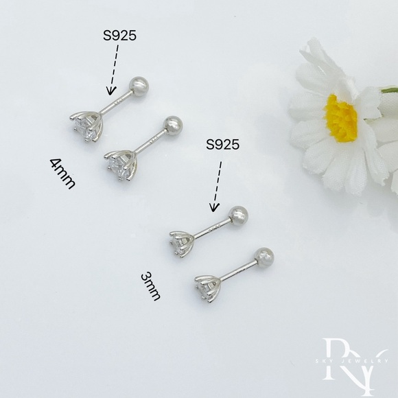 Solid Silver 6 prongs CZ Diamond Stud Screw bakcks Earrings-ESB022 Silver 3mm - Picture 10 of 10